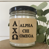 Alpha Chi Omega// Sorority 9 oz Hand Poured All Natural Soy Candles // Personalized Option // Choose Your Scent // Greek Letters