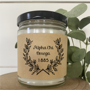 Alpha Chi Omega// Sorority 9 oz Hand Poured All Natural Soy Candles // Personalized Option // Choose Your Scent // Laurel Design