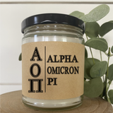 Alpha Omicron Pi// Sorority 9 oz Hand Poured All Natural Soy Candles // Personalized Option // Choose Your Scent  // Greek Letters