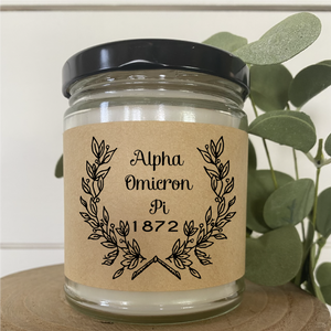 Alpha Omicron Pi// Sorority 9 oz Hand Poured All Natural Soy Candles // Personalized Option // Choose Your Scent  // Laurel Design