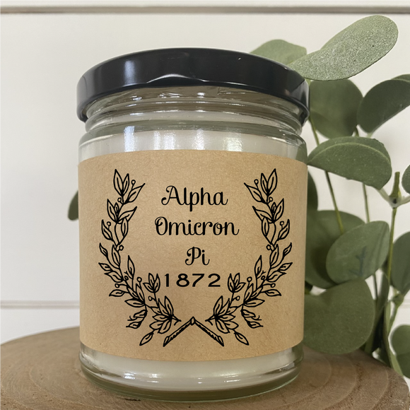 Alpha Omicron Pi// Sorority 9 oz Hand Poured All Natural Soy Candles // Personalized Option // Choose Your Scent  // Laurel Design