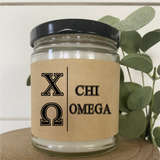 Chi Omega// Sorority 9 oz Hand Poured All Natural Soy Candles // Personalized Option // Choose Your Scent // Greek Letters