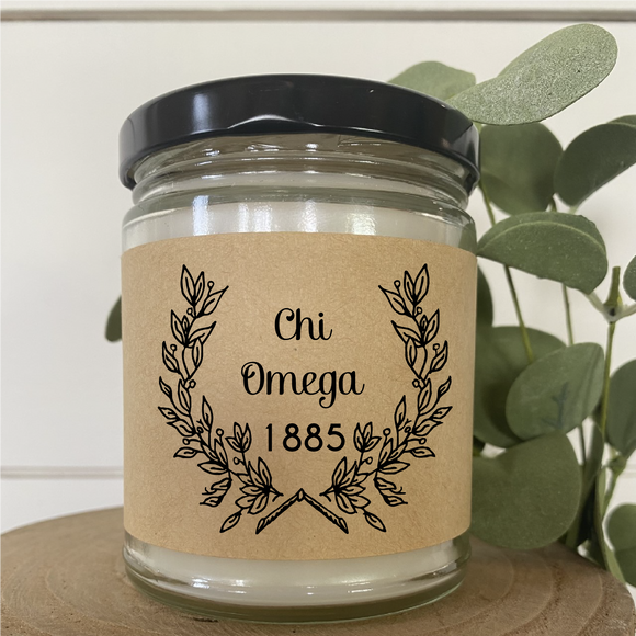 Chi Omega// Sorority 9 oz Hand Poured All Natural Soy Candles // Personalized Option // Choose Your Scent // Laurel Design