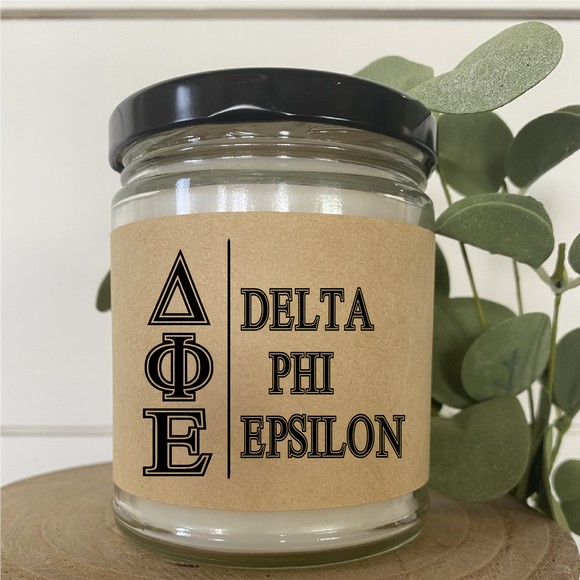 Delta Phi Epsilon// Sorority 9 oz Hand Poured All Natural Soy Candles // Personalized Option // Choose Your Scent // Greek Letters