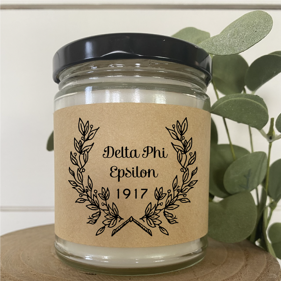 Delta Phi Epsilon// Sorority 9 oz Hand Poured All Natural Soy Candles // Personalized Option // Choose Your Scent // Laurel Design