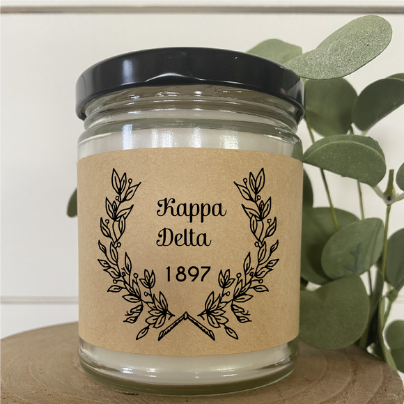 Kappa Delta // Sorority 9 oz Hand Poured All Natural Soy Candles // Personalized Option // Choose Your Scent // Laurel Design