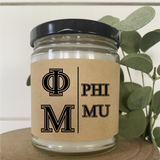 Phi Mu// Sorority 9 oz Hand Poured All Natural Soy Candles // Personalized Option // Choose Your Scent // Greek Letters