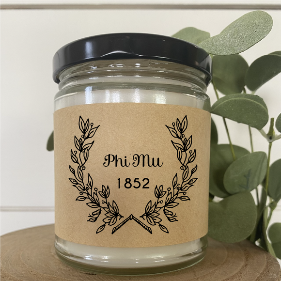 Phi Mu// Sorority 9 oz Hand Poured All Natural Soy Candles // Personalized Option // Choose Your Scent // Laurel Design