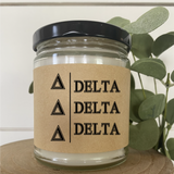 Tri Delta  // Sorority 9 oz Hand Poured All Natural Soy Candles // Personalized Option // Choose Your Scent // Greek Letters