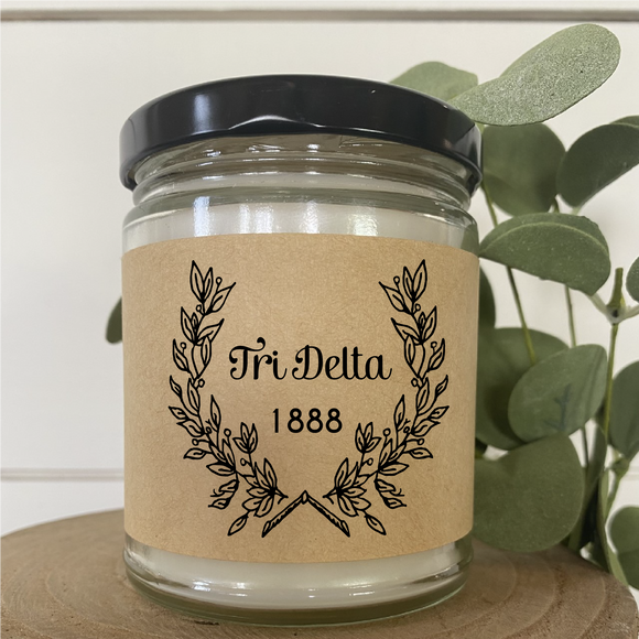 Tri Delta  // Sorority 9 oz Hand Poured All Natural Soy Candles // Personalized Option // Choose Your Scent // Laurel Design
