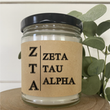 Zeta Tau Alpha// ZTA// Sorority 9 oz Hand Poured All Natural Soy Candles // Personalized Option // Choose Your Scent // Greek Letters